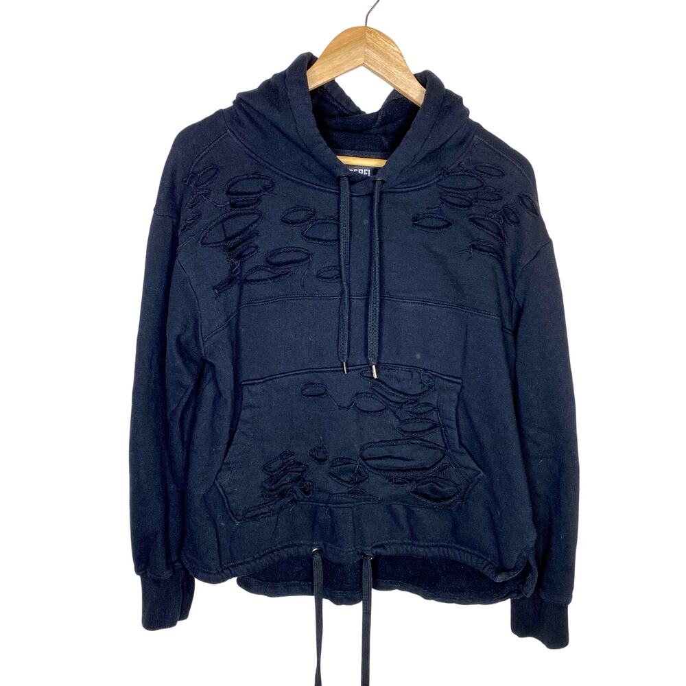 Rebel Minds Distressed Destroyed Drawstring Hoodie Sweatshirt Pullover Size M
